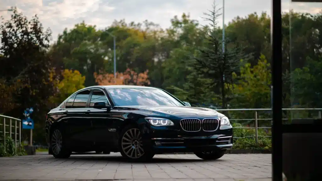 Elegant black sedan parked on pavement with green foliage background on a sunny day.