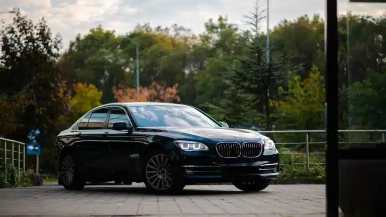 Elegant black sedan parked on pavement with green foliage background on a sunny day.