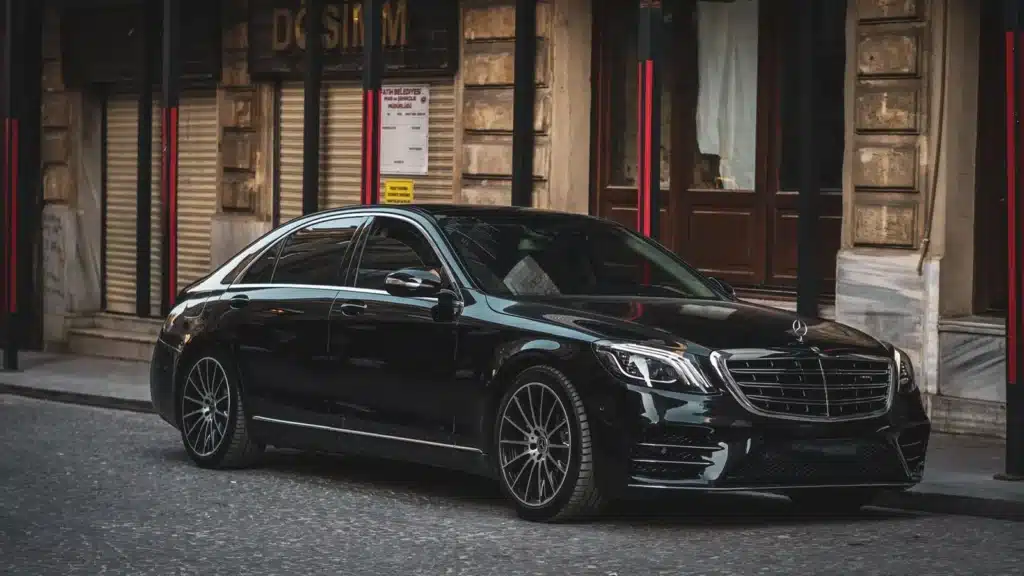 Sleek black luxury sedan parked on a cobblestone street in a historic European city.