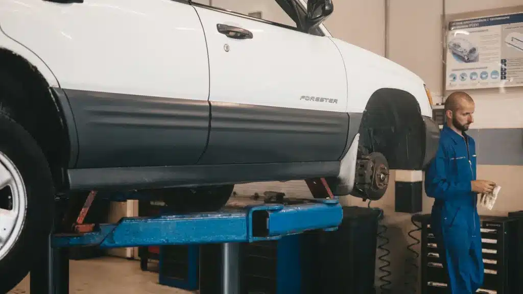 Mechanic evaluating a car on a lift for maintenance in an auto workshop.